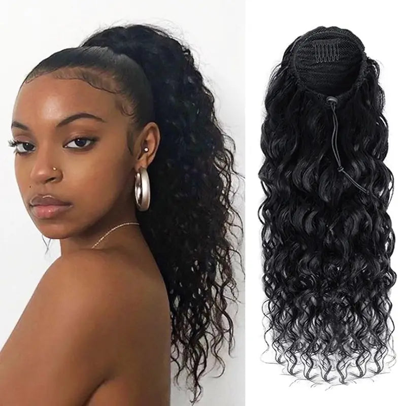 Deep Wave Drawstring Ponytail Extensions 100% Human Hair Natural Black