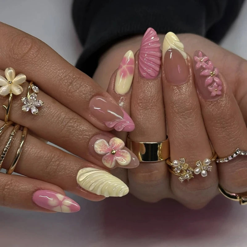10PCS Medium Length Almond Fake Nail Set French Pointed Acrylic Nails