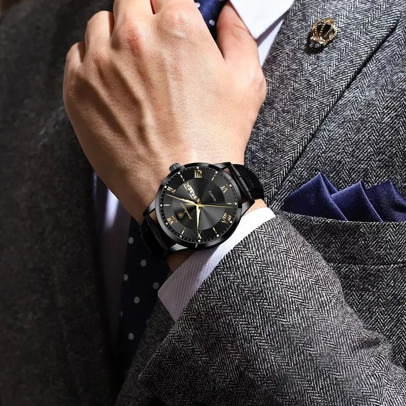 Men's Leather Business Wristwatch with Date and Luminous Quartz Movement