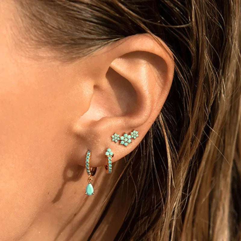Sterling Silver Turquoise Stud Earrings for Women - Blue Crystal Pendant, Gold Finish