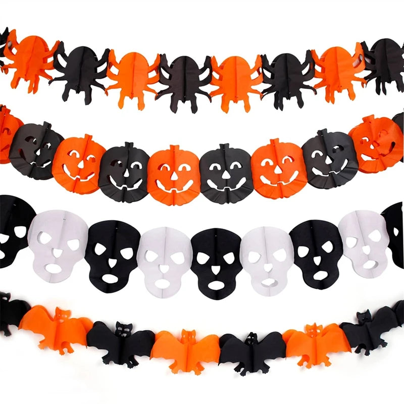 Halloween Paper Banner Garland with Spiders Pumpkins Ghosts Bats - Party Decorations