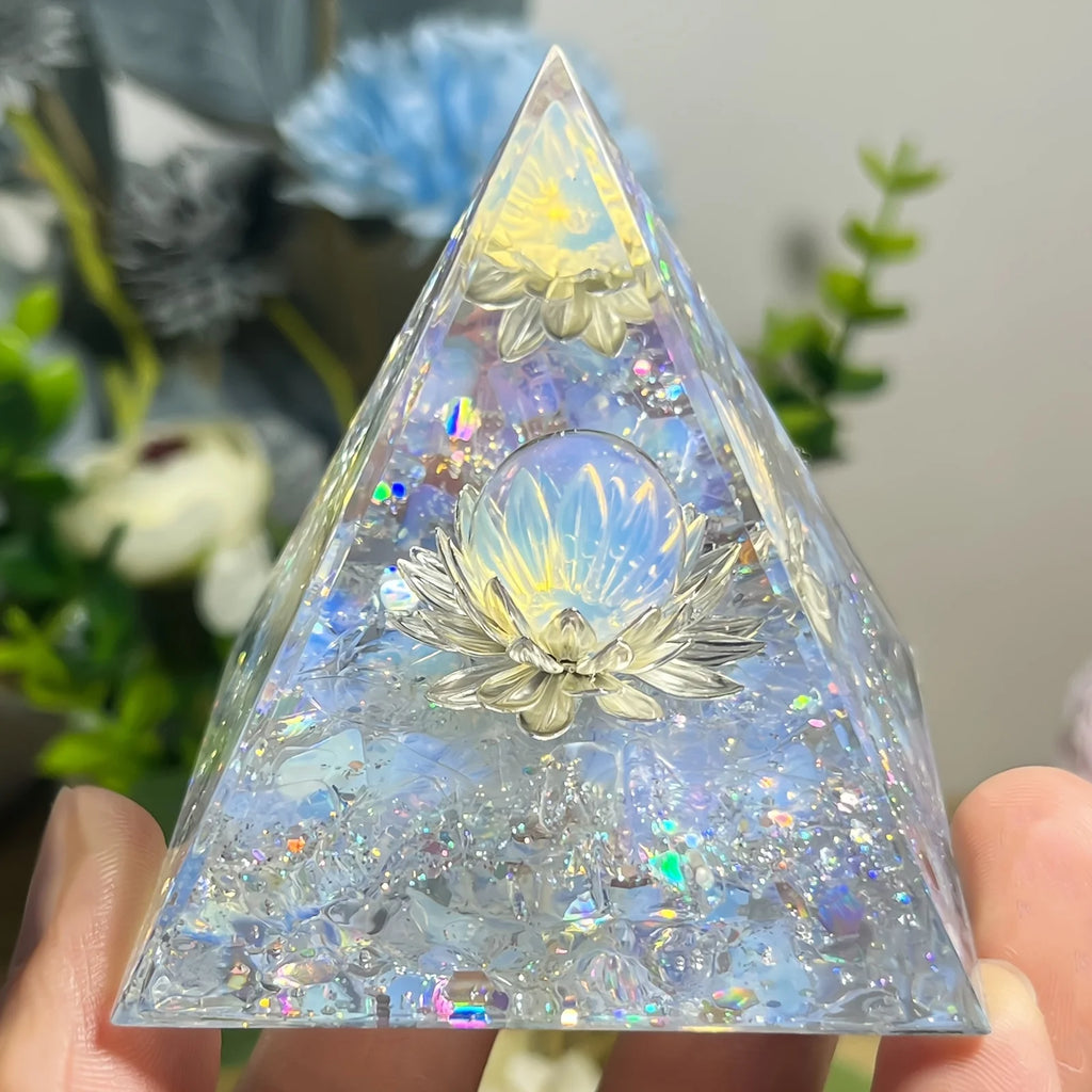 Decorative White Lotus Flower Opal Pyramid for Home Interior Energy & Decor