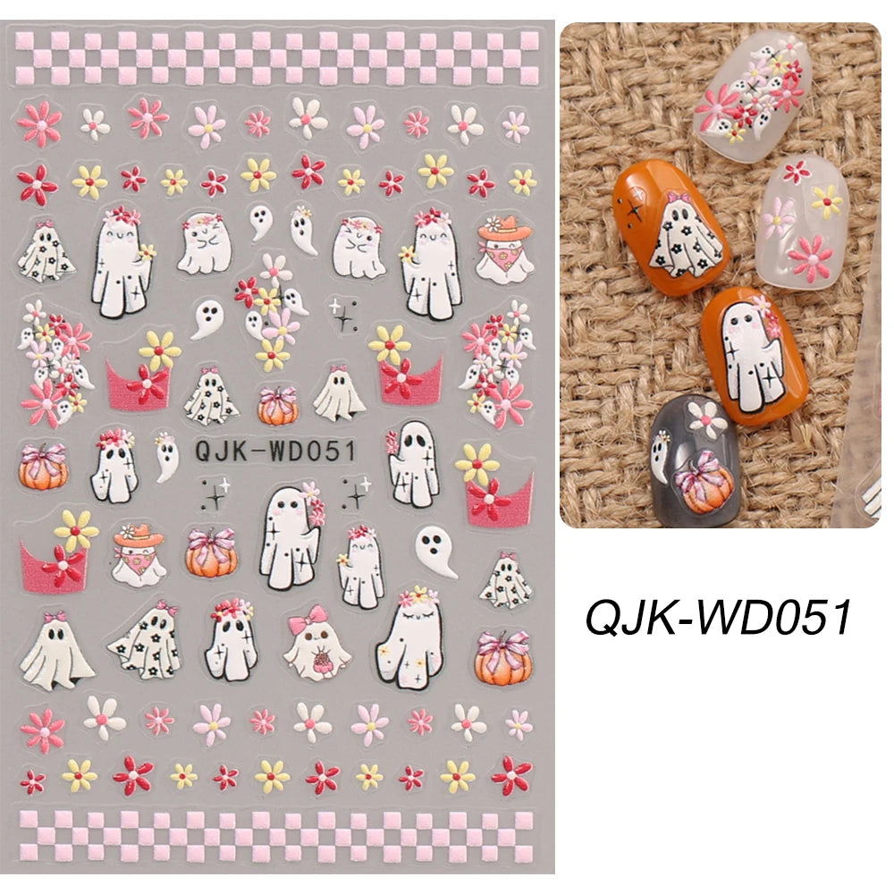 Halloween 3D Nail Art Stickers Ghost Pumpkin Spider Web Bat Manicure Decals