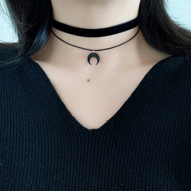 Black Acrylic Moon Crescent Pendant Choker Necklace for Women