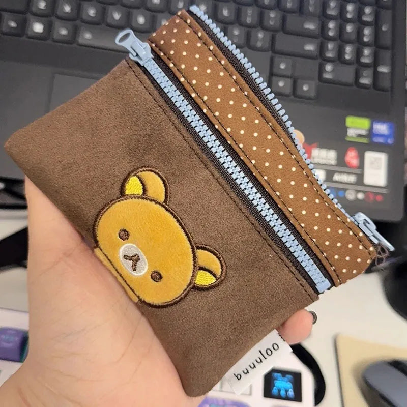 Cute Embroidered Bear Pencil Case with Polka Dots - Storage Bag & Coin Purse