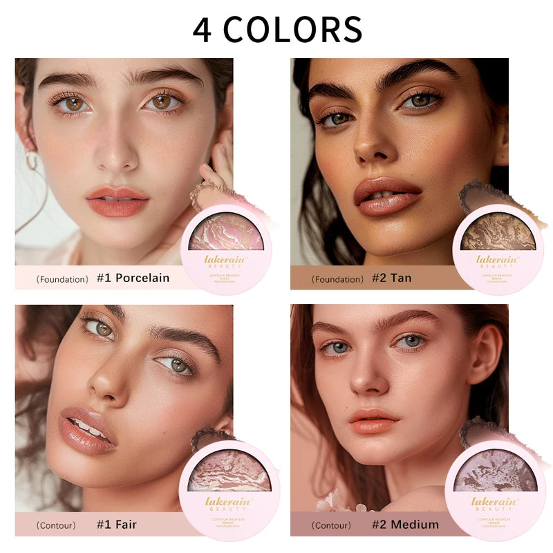 Oil Control Baked Powder Foundation with Contour and Shimmer for Flawless Face Makeup