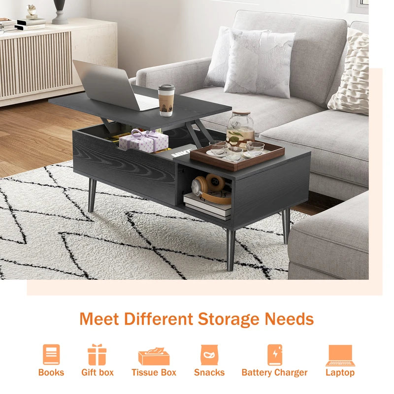 Lift Top Coffee Table with Storage Shelf - Modern Wood Design, Adjustable Height, 39x20 Inches