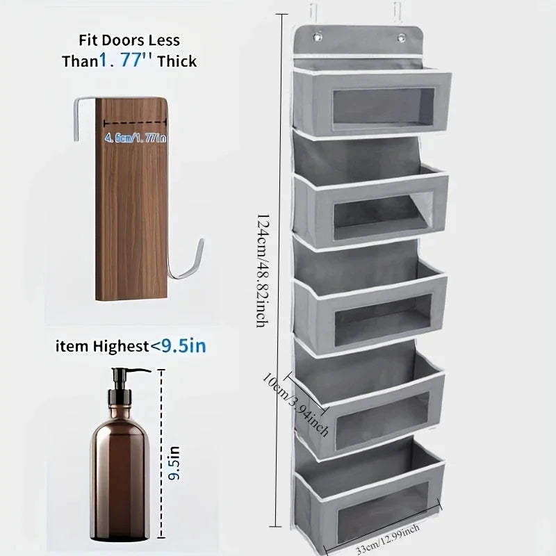 Hanging Storage Organizer with 5 Large Pockets, Door Mount, Anti-Tilt Design
