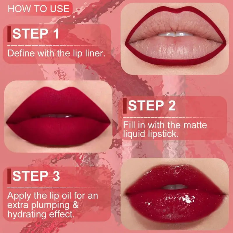 3-Piece Matte Lipstick Lip Liner and Lip Oil Set Waterproof Long Lasting