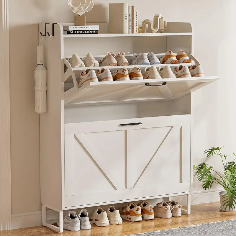 Narrow Wooden Shoe Cabinet with 2 Flip Drawers, Multi-Size Storage for Entryway