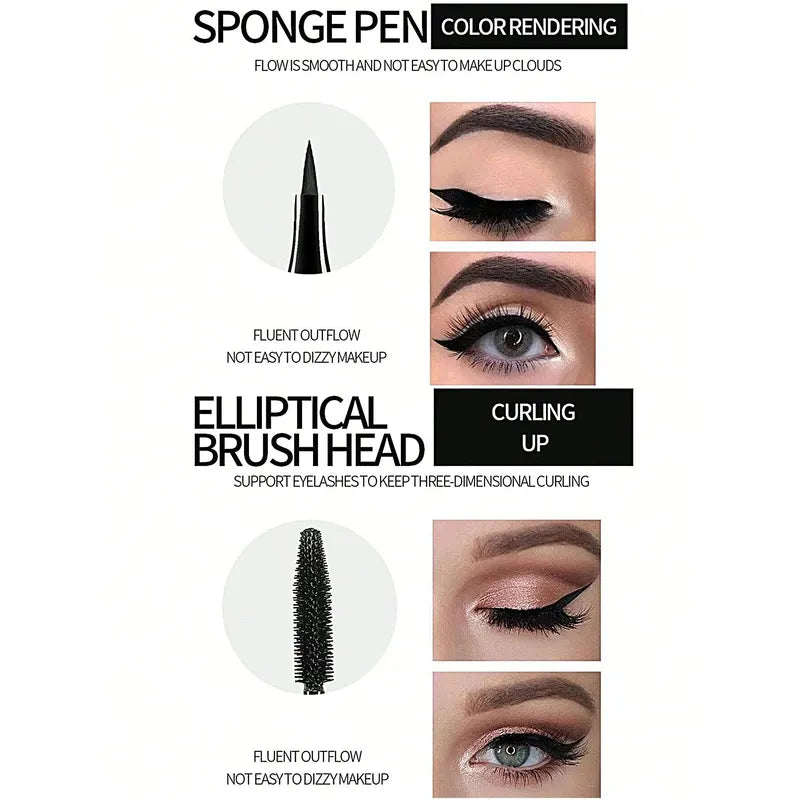 Liquid Eyeliner Pencil & Waterproof Mascara Set - 4D Curling & Eyebrow Pencil