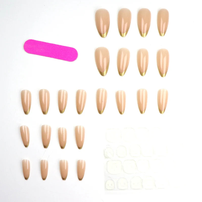 24PCS Short Almond-Pressed Nail Tips with Gold French Design - Pink & Elegant