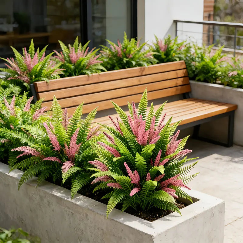 Outdoor Artificial Ferns with Faux Lavender and Ground Stakes - UV-Resistant Garden Decor, 2-Pack