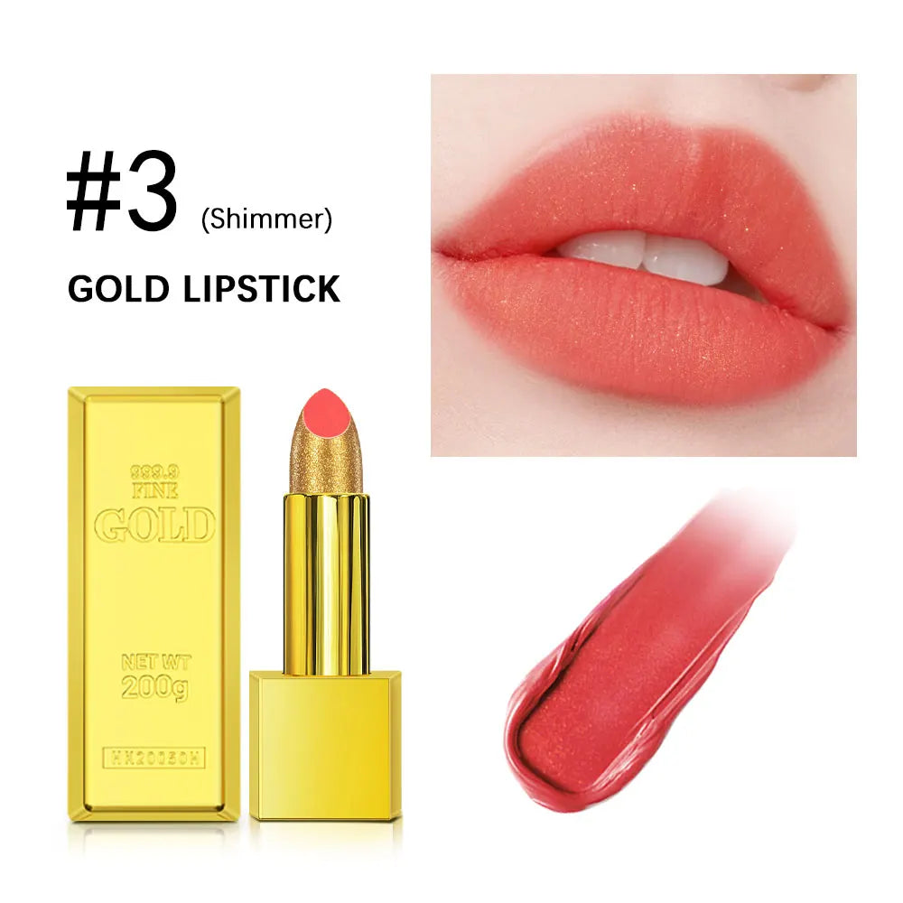 Long Lasting Waterproof Gold Lipstick with Glitter Shine - Luxury Lip Makeup