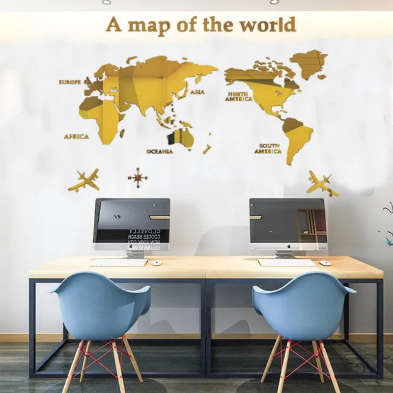 3D Wall Decal World Map Acrylic Sticker for Office Living Room Study Interior Decoration