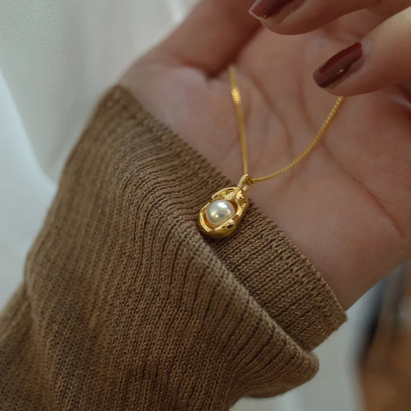 Pearl Pendant Necklace for Women Luxury Stainless Steel Cuban Chain Jewelry