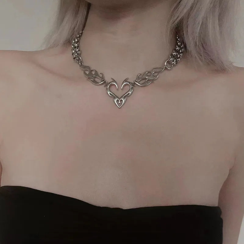Y2K Punk Silver Hollow Flame Heart Pendant Jewelry for Women