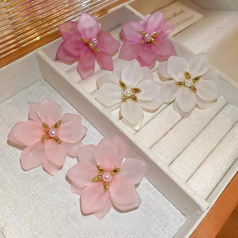 Pink Translucent Flower Petal Stud Earrings for Women - Summer Jewelry Accessories