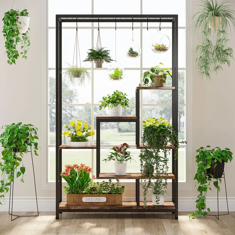 Tall Indoor Plant Stand 5-Tier Metal Shelving Unit with Hanging Hooks - Large Garden Display Rack