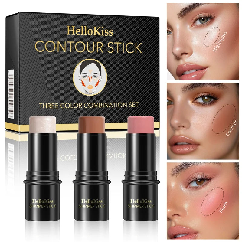 3-Piece Cream Contouring Stick Set for Face - Highlighter, Blush & Contour