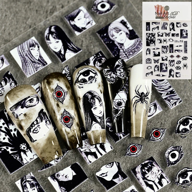 Halloween Girl Nail Stickers - 5D Embossed Anime Horror Nail Decals