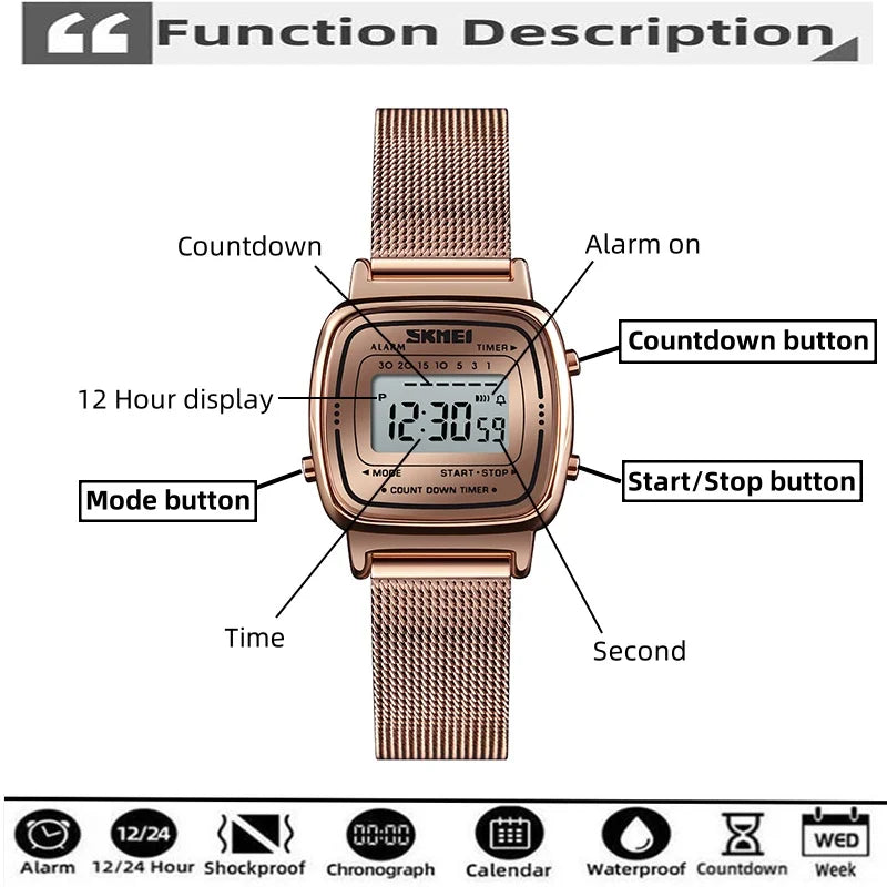Women Digital Sport Watch Waterproof Stainless Steel Band Casual Luxury Wristwatch