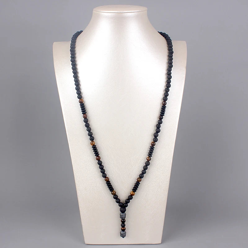 Lava Stone Tiger Eye Beaded Necklace with Buddha Head Pendant - Unisex Jewelry