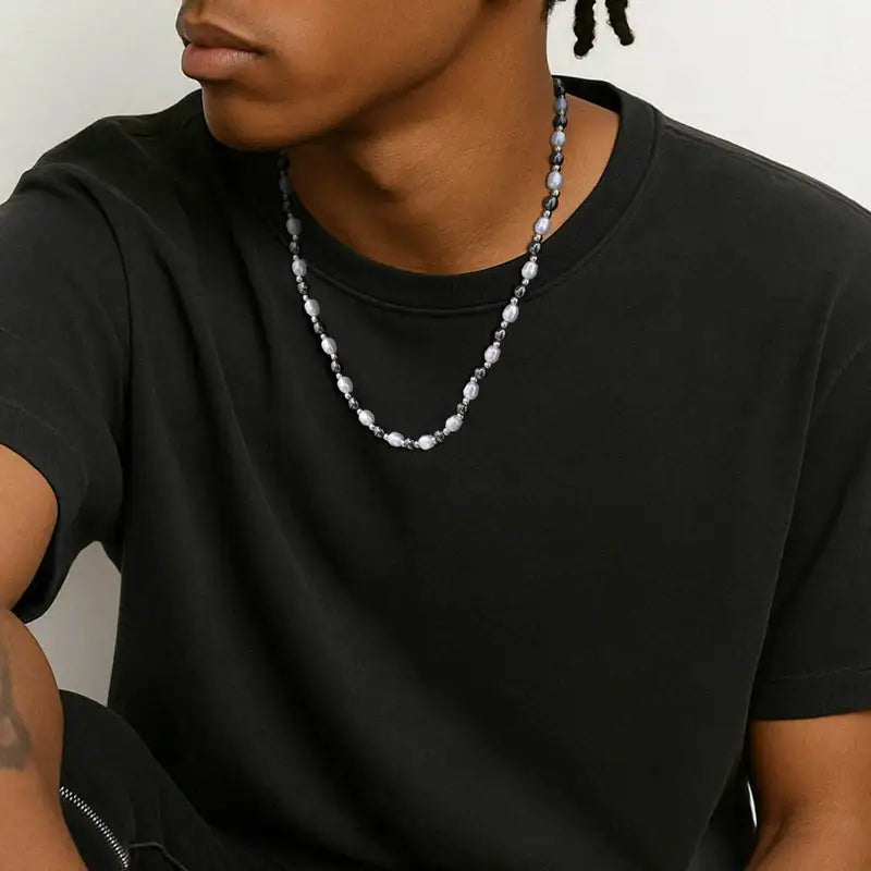 Men's Pearl Necklace Beaded Jewelry Natural Hematite Stainless Steel Gift