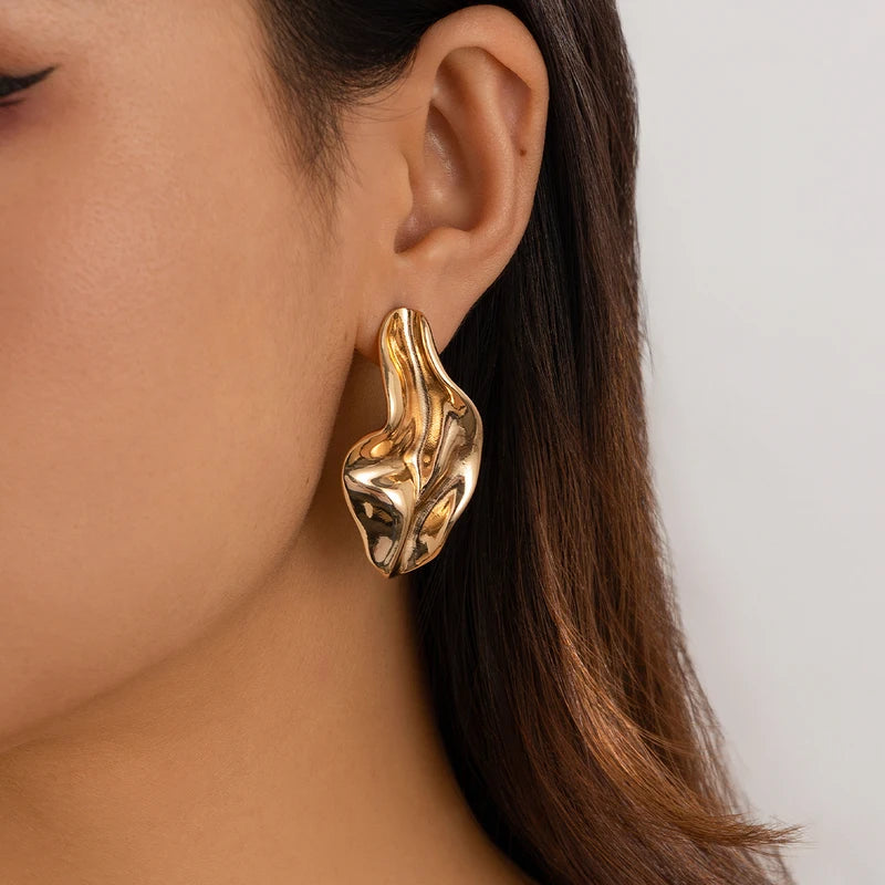 Irregular Metal Pleated Earrings for Women - Gold Tone Party Jewelry