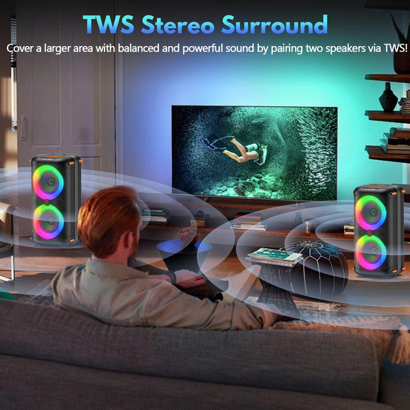 Wireless Bluetooth Karaoke Speaker with 2 Microphones, LED Lights, TWS Stereo, 24H Battery