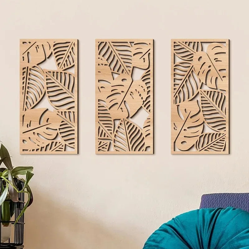 Boho Wooden Wall Art Set - Carved Abstract Plant Decor for Living Room & Bedroom