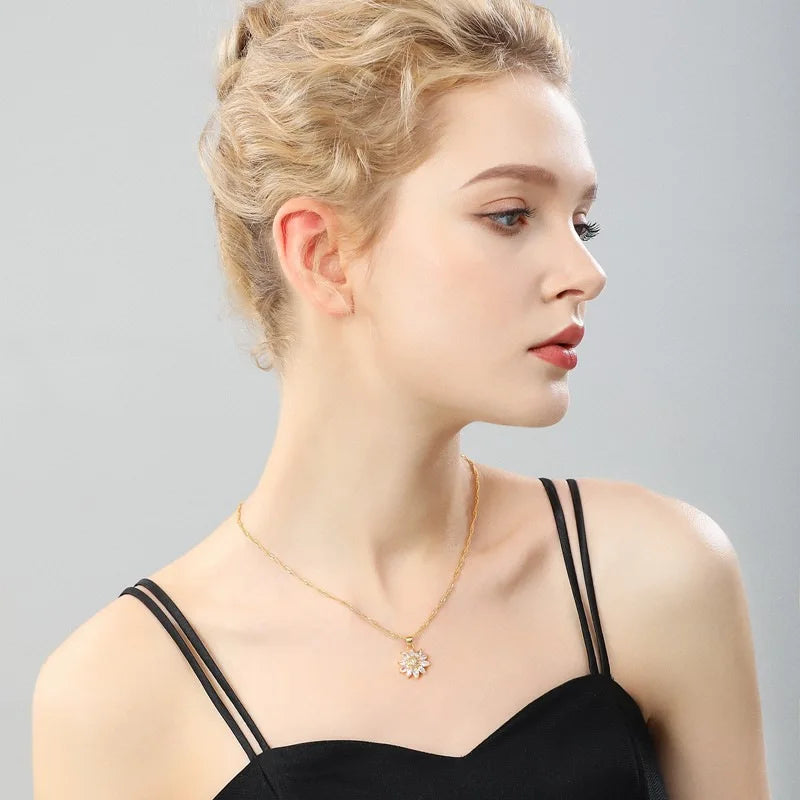 Trendy Spin Sunflower Necklace for Women Stainless Steel Zircon Jewelry