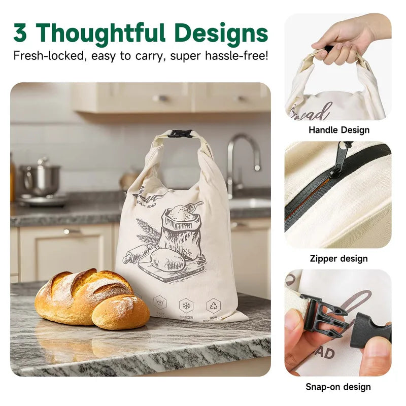 Reusable Beeswax Bread Bag with Zipper - Food-Grade Sandwich Storage