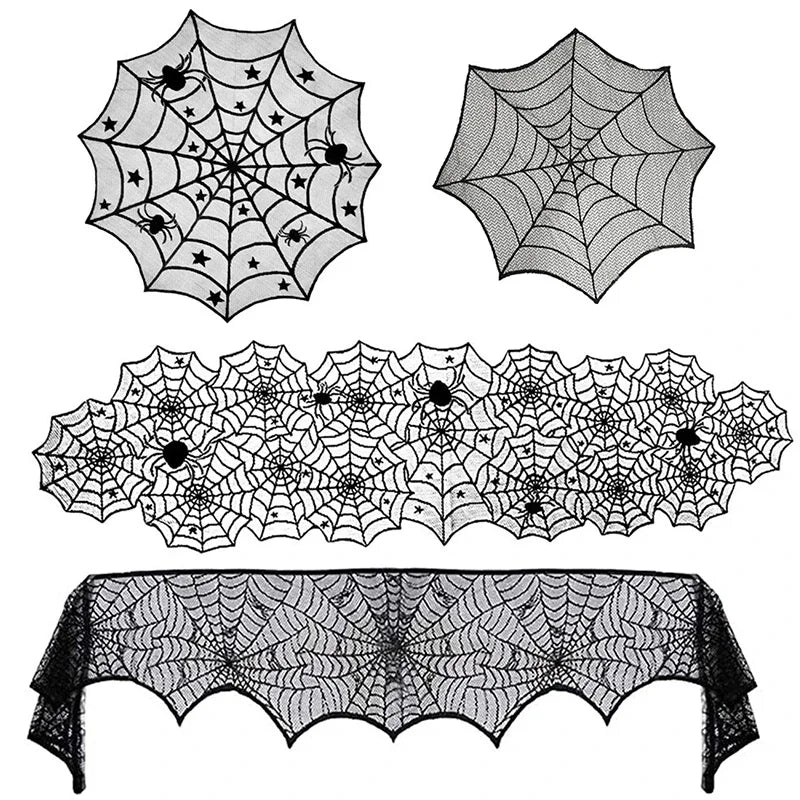 Halloween Spider Web Lace Tablecloth for Party Decorations - Black & Deep Sapphire Variants