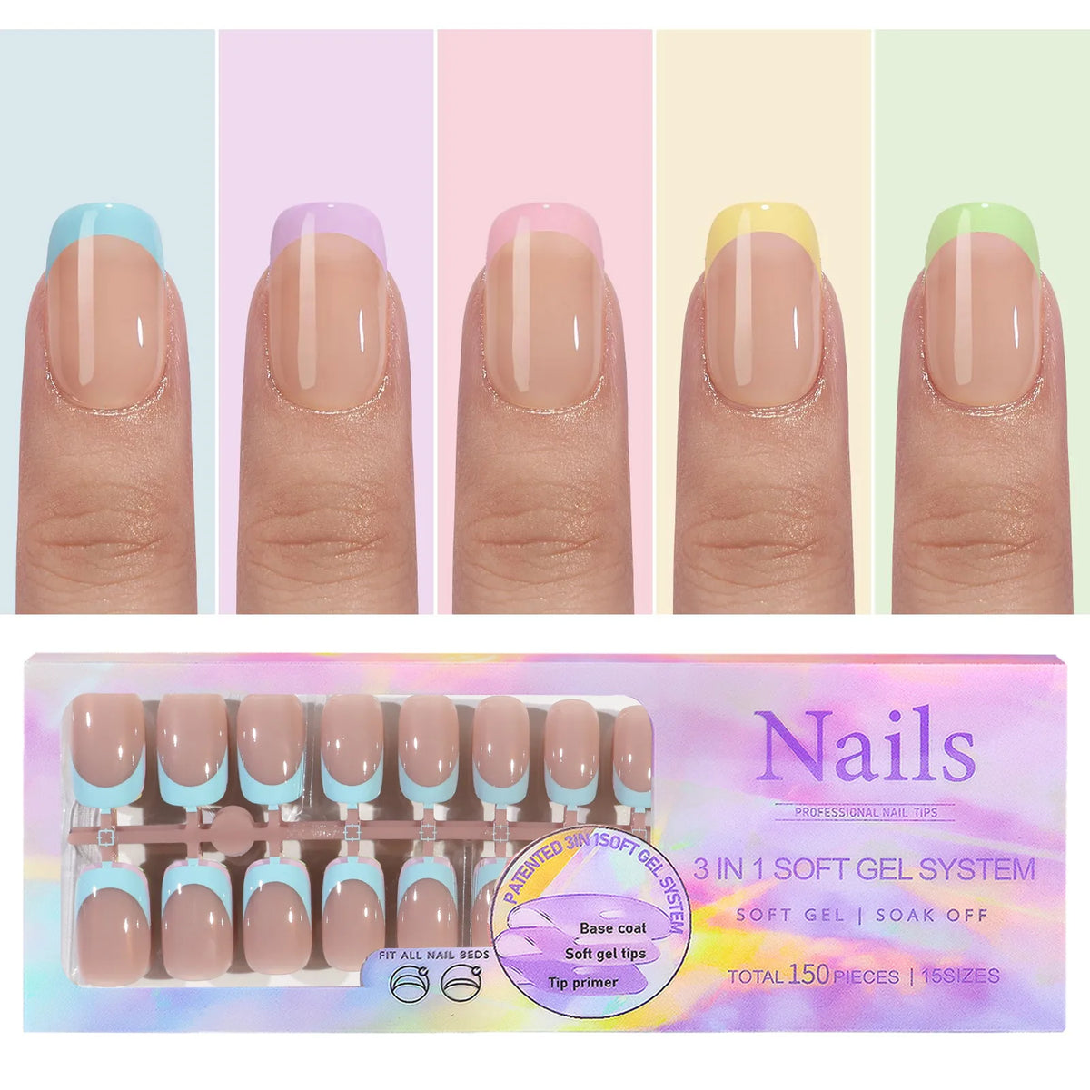 150pcs Multi-Color Fake Nails Set - Almond French Press On Acrylic Nails, Removable & Convenient