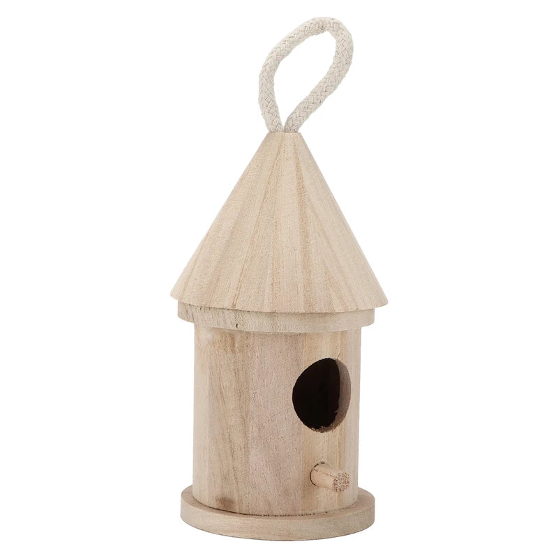 Wooden Hanging Bird House with Cotton Rope - Outdoor Garden Decoration