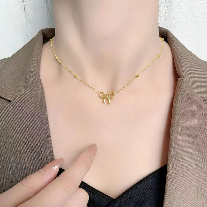 Stainless Steel Bow Charm Necklace & Jewelry Set for Women and Girls - Trendy Party Gift