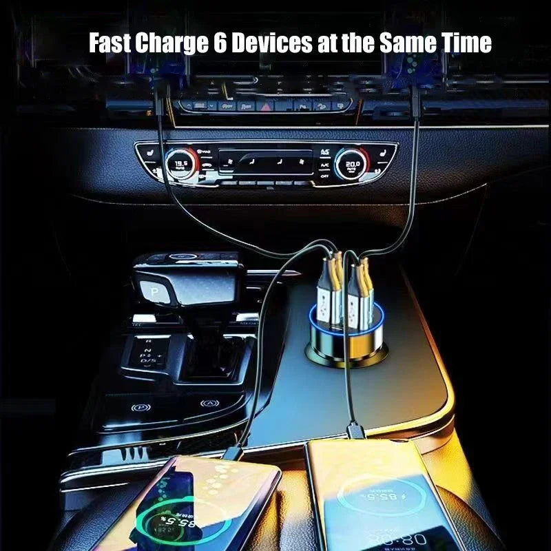 6-in-1 USB C Car Charger Adapter with Voltage Display Fast Charging for iPhone and Samsung