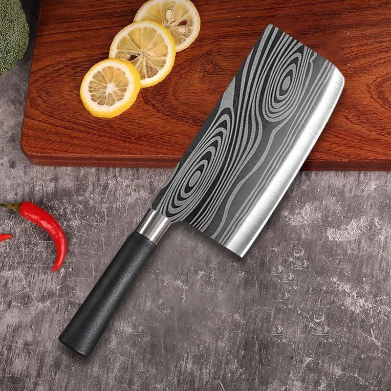 Laser Damascus Pattern Kitchen Utility Chef Knife & Scissors Set - Stainless Steel Sharpener