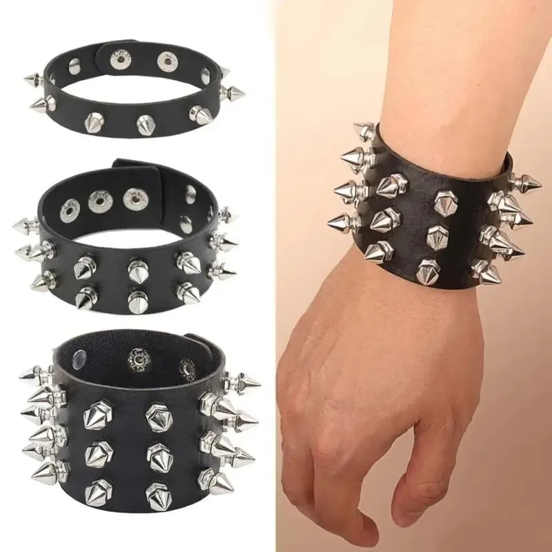 Goth Leather Wristband for Men Women - Spike Studded Adjustable Cuff Bracelet