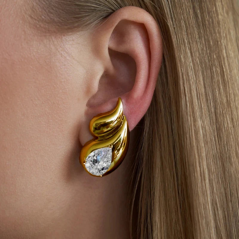 Gold Chunky Double Teardrop Earrings with Clear Crystals for Women