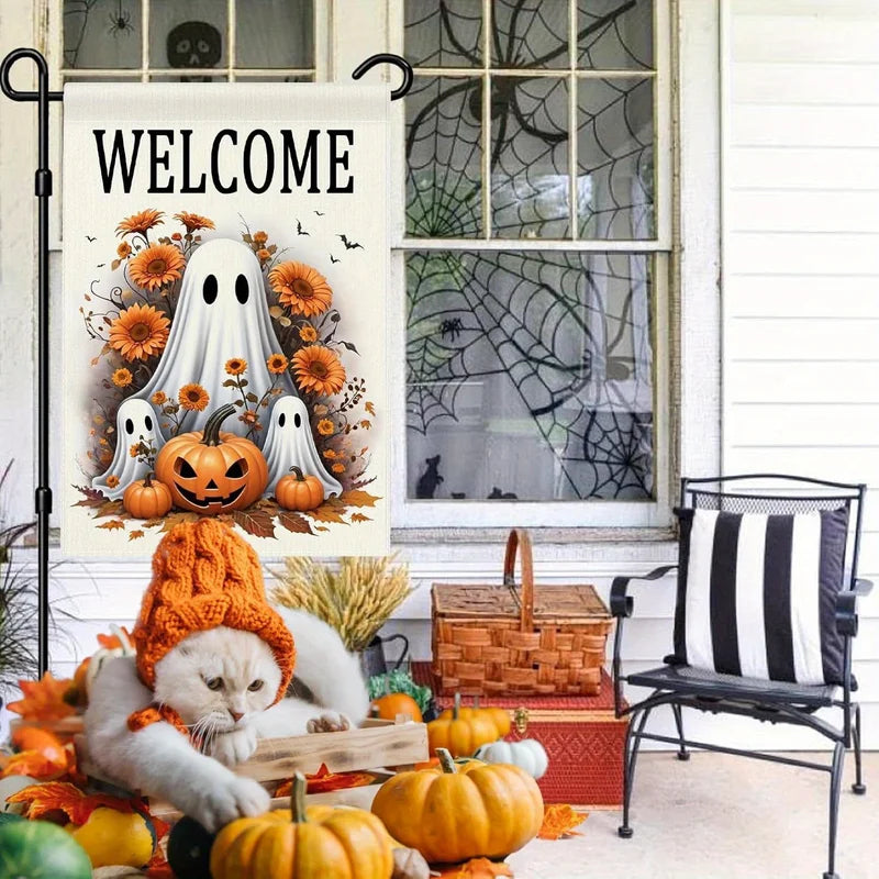 Halloween Garden Flag with Ghost Jack-o'-Lantern Bat Pumpkin and Flowers - Polyester Outdoor Decor
