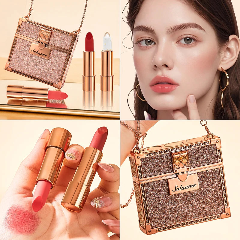 Matte Lipstick Set with Glitter Rose Gold Case - 3 Shades, Mirror & Chain, Gift Box