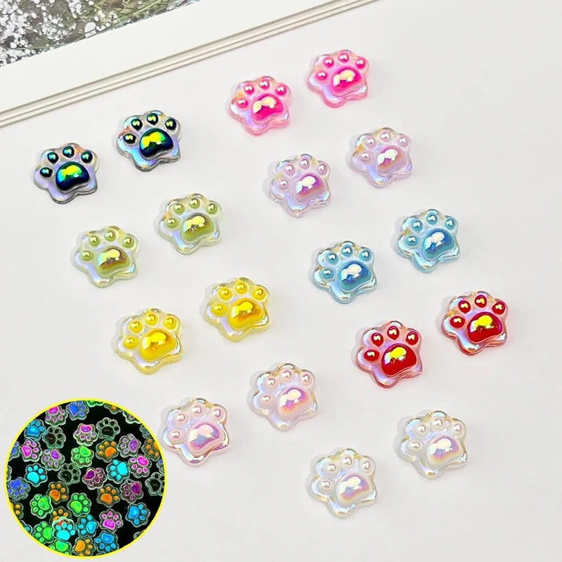 50Pcs Cat Paw Nail Charms Aurora Luminous Animal Paw Nail Art Decorations Cute Resin Flatback DIY