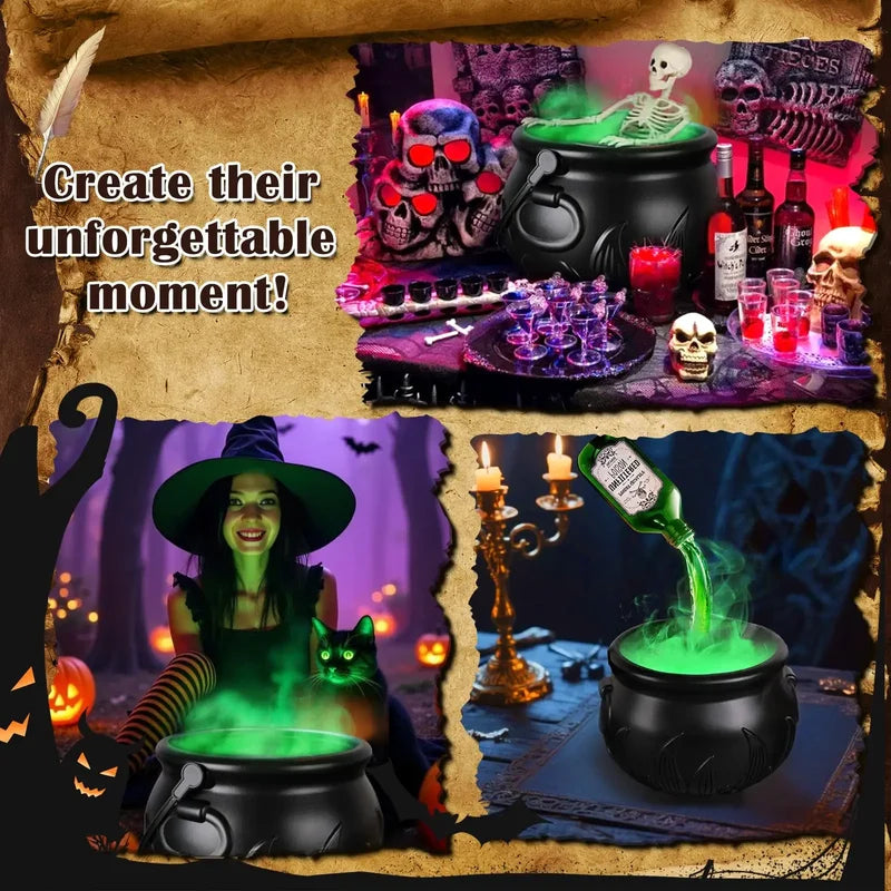 Halloween Witch Cauldron with LED Light & Fog Effect – Spooky Skeleton Decor
