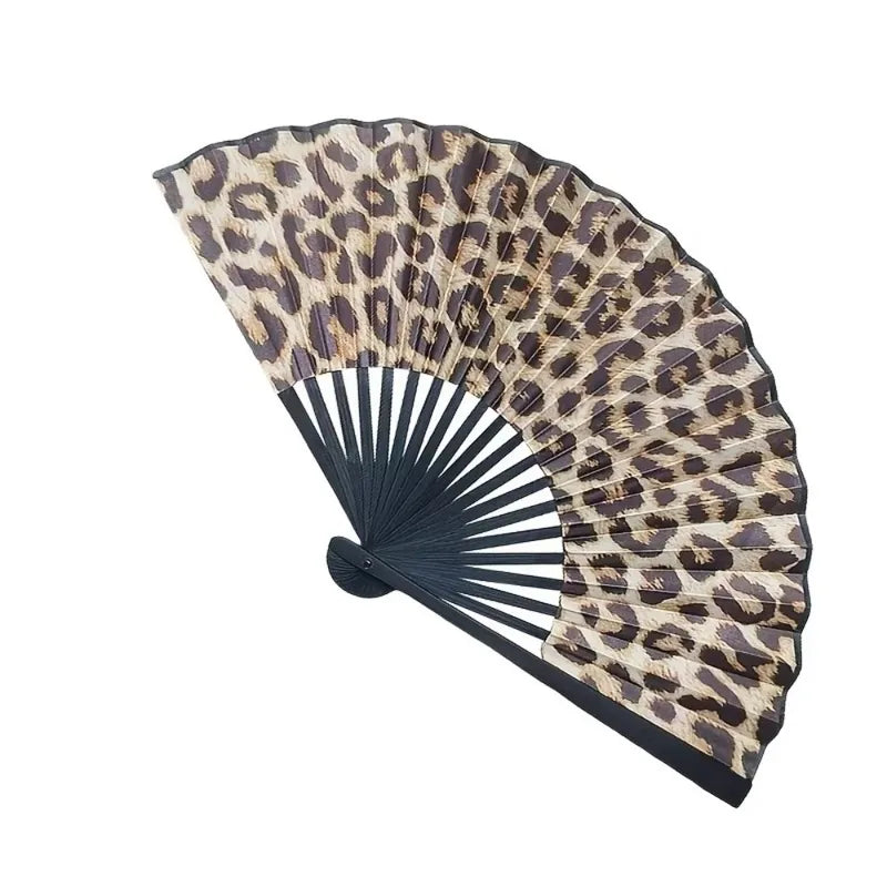 Leopard Print Folding Fan with Black Frame - Elegant Classical Dance Accessory for Women
