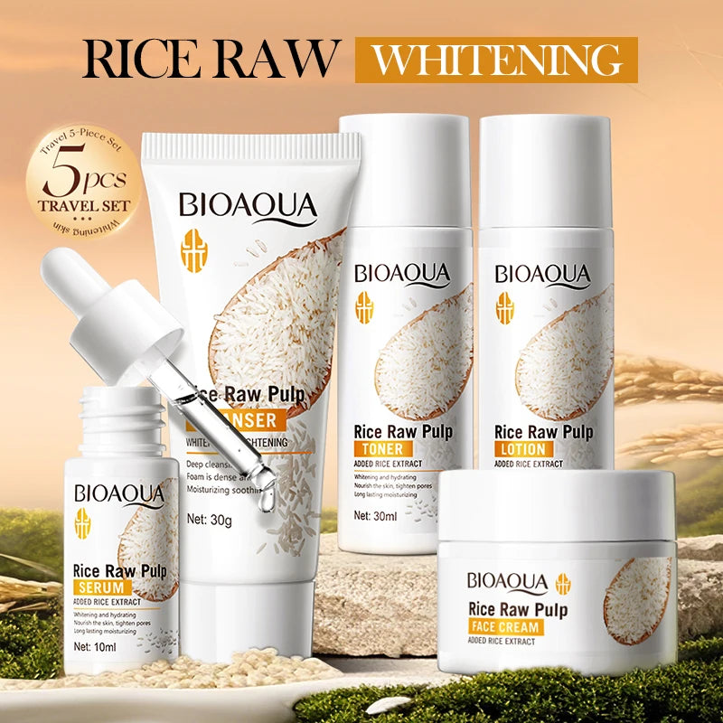 Whitening Brightening Hydrating Rice Puree Skin Care Set & Soap - Facial Cleanser, Toner, Essence, Lotion, Cream