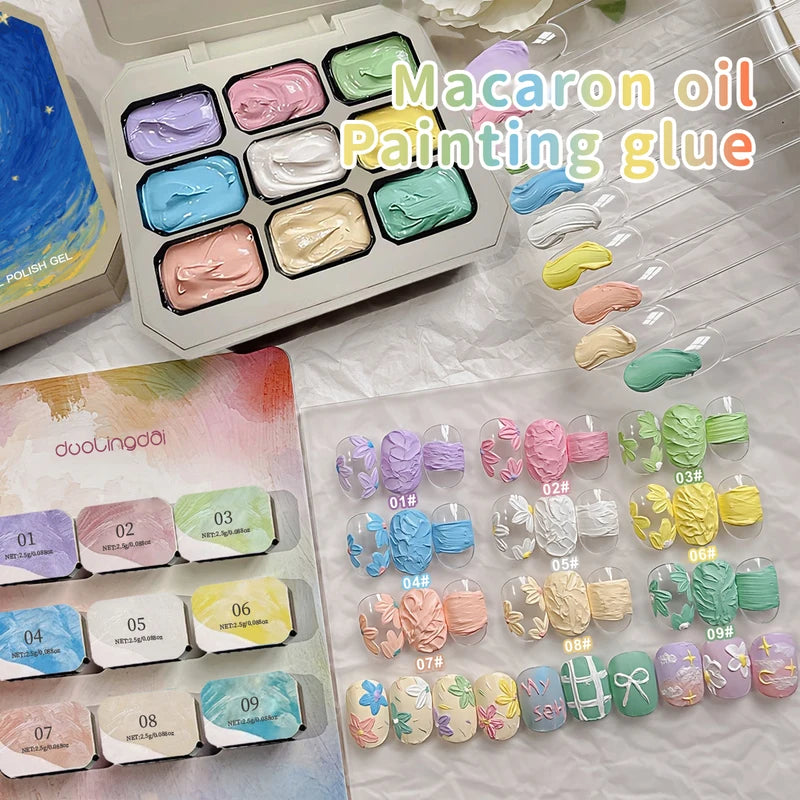 9-Grid Macaron Oil Painting Gel Set for Nails - Vibrant No Wipe Nail Polish