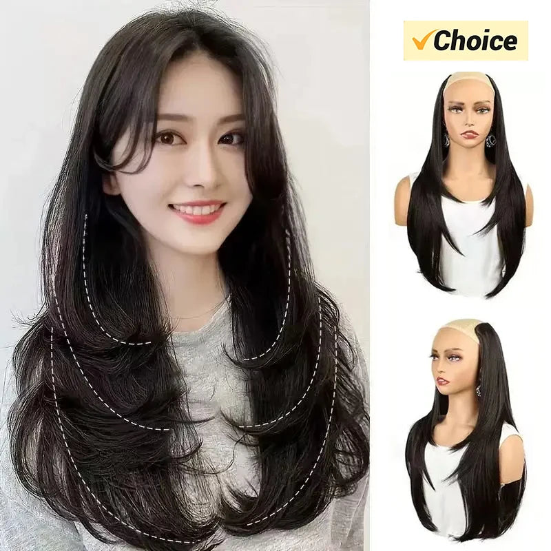 Synthetic V-Shaped Layered Hair Extensions with Clips - Long Straight Wig for Women