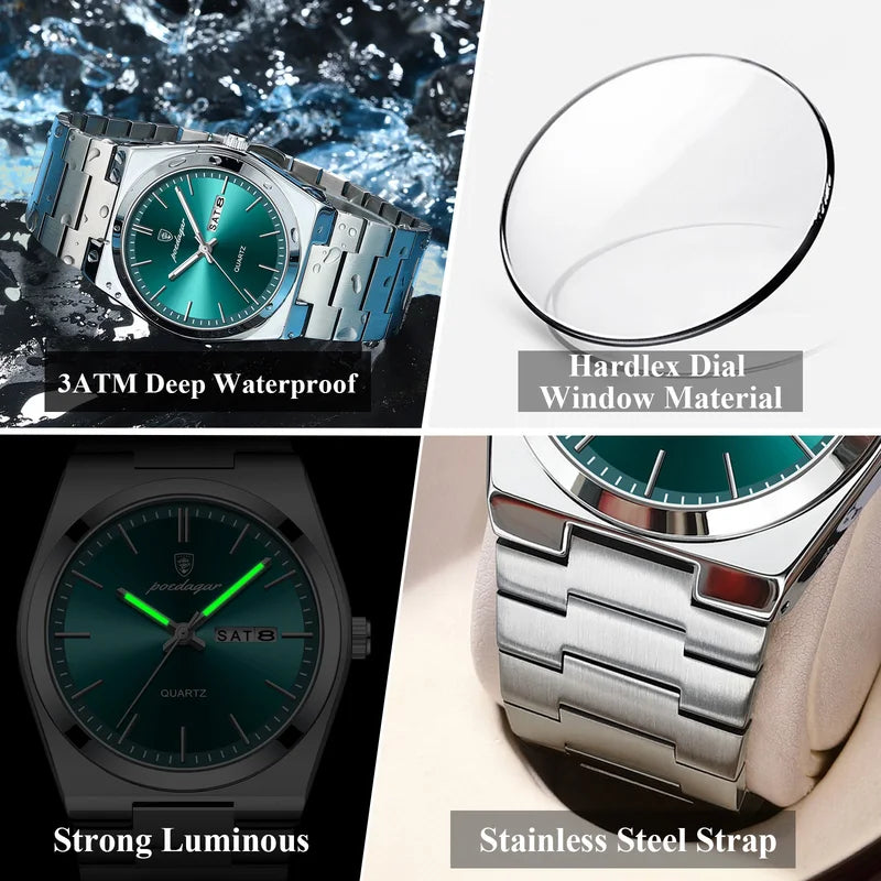 Men's Business Watch Stainless Steel Waterproof Luminous Quartz Wristwatch with Date